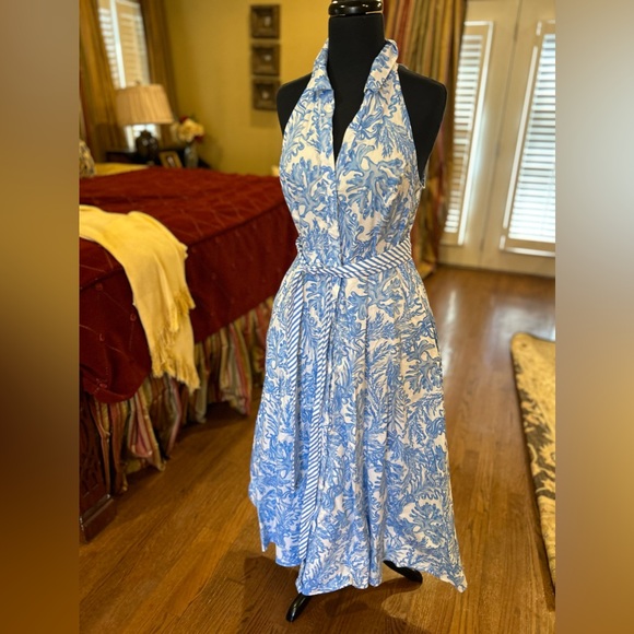 Lilly Pulitzer Size 8 Midi/ Maxi  Blue and White Halter Dress - Picture 1 of 4